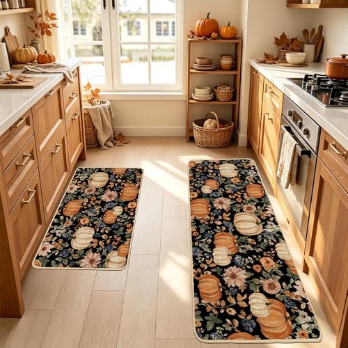 Baccessor Fall Kitchen Rugs Set of 2, Pumpkin Floral Kitchen Mats for Floor Washable Low-Profile Farmhouse Autumn Holiday Home Indoor Outdoor Decor 17x29 and 17x47 Inch