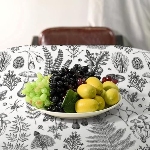 Vintage Mushroom Tablecloth, Black White Nature Forest Fern Leaves Autumn Plants Botanical Print Table Cover for Home Dining Decor Kitchen Party Outdoor 60x120in