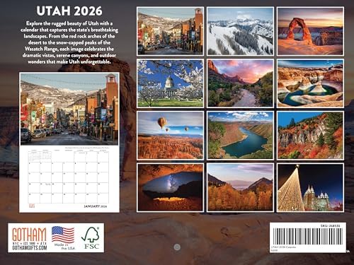 Utah Calendar 2026 Wall 12 Month Monthly UT Scenic Souvenirs Themed Gifts | American Made In The USA