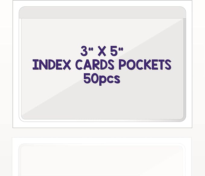 Clear Adhesive 3" x 5" Index Card Pockets With Top Open Loading, 50 Pack, Plastic Labels Holders for Storage Bins and Library, Ideal for Organizing and Protecting Your Cards