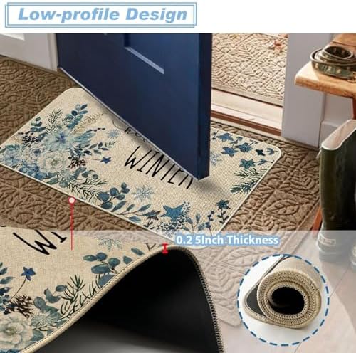Baccessor Blue Poinsettia Winter Kitchen Mats Set of 2, Snowflakes Floral Kitchen Rugs for Floor Non Slip Absorbent Winter Holiday Farmhouse Christmas Decor 17x29 and 17x47 Inch