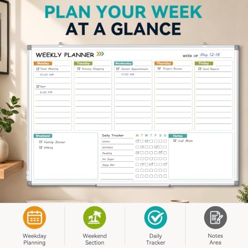 Weekly Dry Erase Calendar Whiteboard with Corkboard, 36" x 24", Silver