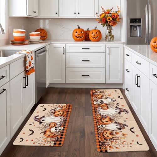 Halloween Kitchen Mats Set of 2, Pumpkin Ghost Skull Kitchen Rugs