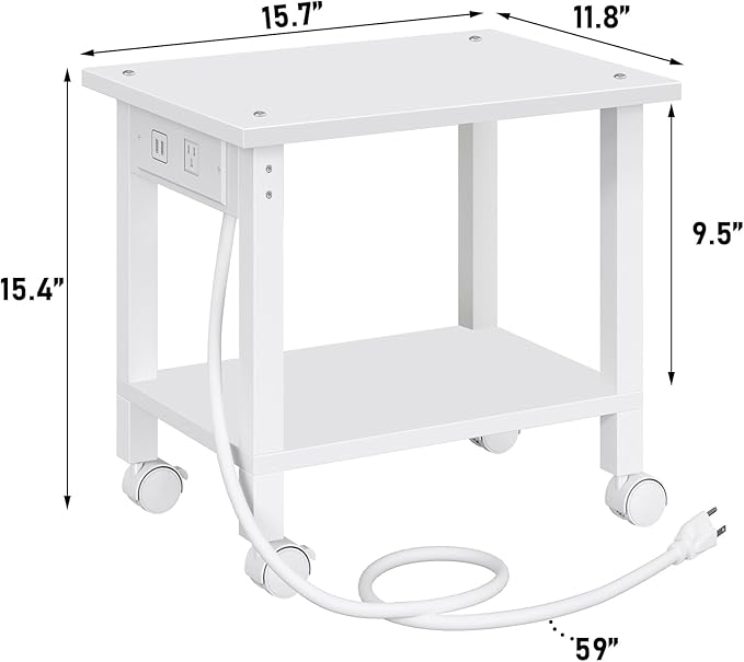 TUTOTAK Printer Stand, 2 Tier Rolling Printer Cart with Charging Station | Small Under Desk Printer Table with Wheels for Small Space, Office, Home, White PS01BW001