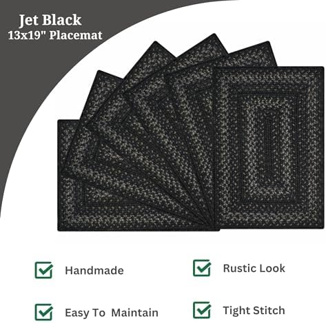 Homespice Jet Black Jute Braided Placemats, Rect 13x19 Set of 6