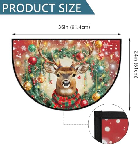 Christmas Snowflake Deer Half Round Door Mat, Non-Slip Welcome Indoor Entrance Way Rug Semi Circle Front Doormats Washable Bathroom Kitchen Floor Mat, Outdoor Rugs for Garage, Patio, Hearth Rug