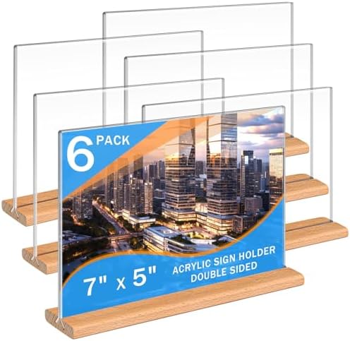 Kersally Acrylic Sign Holder 7 x 5'',6 Pack Double-Sided Clear Table Display Stands with Wood Base,Horizontal Acrylic Frame Menu Flyer Paper Holder for Store, Restaurant, Hotel, Office, Show Fair