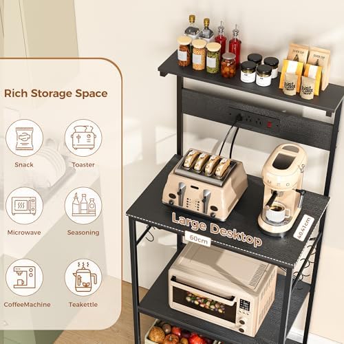 VUSIGN Kitchen Bakers Rack with Power Outlet, 4 Tiers Microwave Stand with Storage, 23.6 Inch Coffee Bar Station with 6 S Hooks, Adjustable Shelf Rack for Pots/Pans/Spices, Black