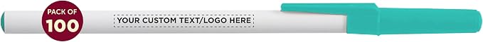 DISCOUNT PROMOS Custom Value Stick Pens Set of 100, Personalized Bulk Pack - Black Ink, Great for Office, School, Business, Tradeshows, Events - Teal