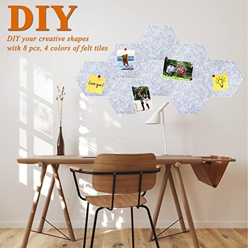 8Pcs Hexagon Felt Cork Board Tiles, Self Adhesive DIY Bulletin Board Pin Board for Office School Home Wall Decor Memos Photos Display (Light Grey)