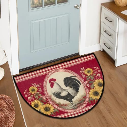 Rooster Sunflower Red Half Round Door Mat, Non-Slip Welcome Indoor Entrance Way Rug Semi Circle Front Doormats Washable Bathroom Kitchen Floor Mat, Outdoor Rugs for Garage, Patio, Hearth Rug,A-01