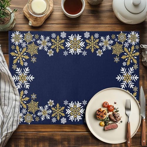 Gold White Snowflakes Christmas Placemats Set of 4, Winter Xmas Holiday Heat Resistant Washable Table Place Mats Navy Blue Cotton Table Linens Party Holiday Decor for Kitchen Dining Outdoor Indoor