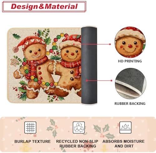 Baccessor Christmas Gingerbread Kitchen Rugs Set of 2,Merry Christmas Xmas Winter Kitchen Mats Washable Non Slip for Floor Hallway Laundry Sink Holiday Home Decor 17x29 and 17x47 Inch