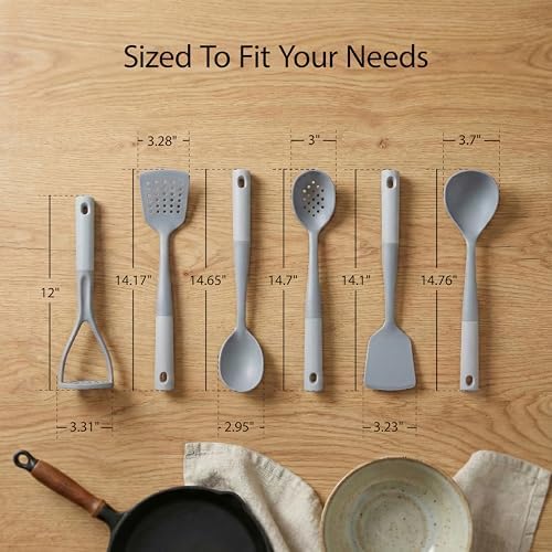 Restaurantware Silicone Utensil Set Pack of 1 Non-Slip Handle 6-Piece Nylon Kitchen Tool Set, Heat-Resistant Dishwasher-Friendly Cooking Accessories, Durable Gray and White Cooking Utensils