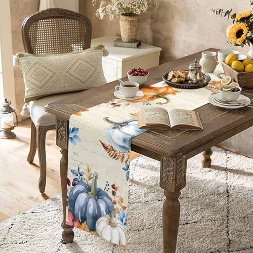 Fall Pumpkin Table Runner Dresser Scarf 13 x 48 Inch Blue Orange Maple Leaf Rustic Table Runners Non-Slip Heat Resistant Kitchen Dining Table Decor for Autumn Thanksgiving Holidays Indoor Outdoor