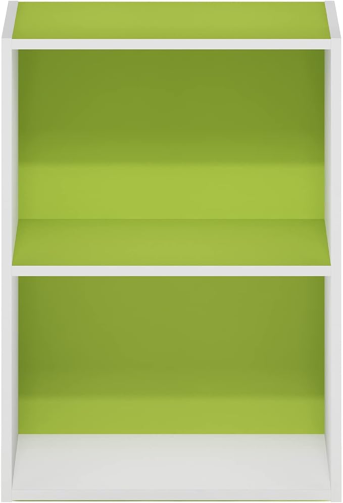 Furinno LUDER 2-Tier Book Shelf, Open Shelves Bookshelf, Green/White | 9 x 16 x 21, Closed Back, Modern Bookcase, for Living Room, Bedroom, Home Office