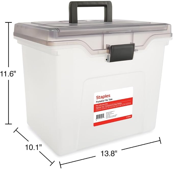 Staples File Box Portable Tote, Letter Size, Clear, 2/Pack | Lightweight storage tote for transporting and organizing hanging files.