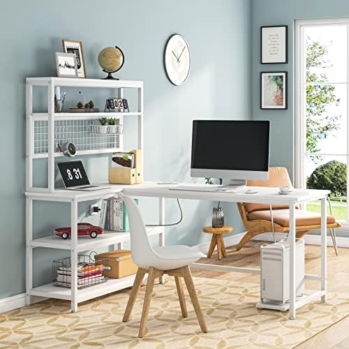 LITTLE TREE L-Shaped Computer Desk, 55 Inch Reversible Office Desk, Study Writing Table with Wireless Charging and Bookshelf for Home Office, White