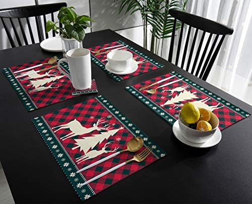 Christmas Trees Reindeer Elk Placemats Set of 6, Red Holiday Buffalo Checkered Plaid Cotton Line Stain Resistant Table Mats Washable Holidays Placemat Decoration For Kitchen Dining Table Farmhouse