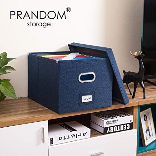 PRANDOM File Organizer Box - Set of 4 Collapsible Decorative Linen Filing Storage Hanging File Folders with Lids Office Cabinet Letter/Legal Size Navy Blue 17.1x14x11.1 inch
