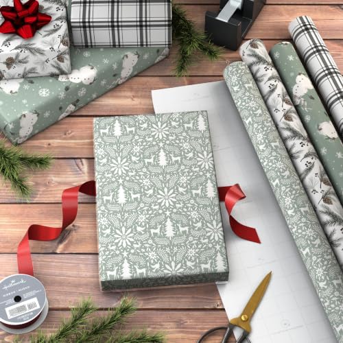 Hallmark Sage Green Christmas Wrapping Paper, 4 Rolls (Plaid, Snowmen)