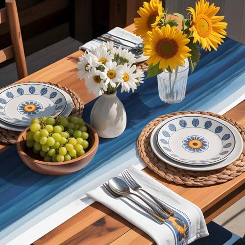 Blue White Ombre Table Runner Dresser Scarf 13 x 60 Inch Abstract Gradient Ocean Waves Modern Stripe Table Runners Non-Slip Heat Resistant Kitchen Dining Table Decor for Home Holidays Indoor Outdoor