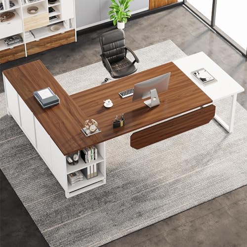 Tribesigns 70.8" L-Shaped Executive Desk with 55" File Cabinet, Large Home Office Computer Desk with Storage Shelves and Cabinet, Modern Business Furniture Set Home Office, Walnut White