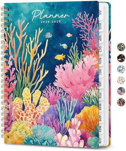 Academic Planner 2026-2027, Monthly and Weekly Calendar Planner, July 2026 - June 2027, Pretty Hardcover Teacher Student Planning Agenda Book with Tabs, Fit for School Office Supplies, 8.5" x 11", Coral Garden