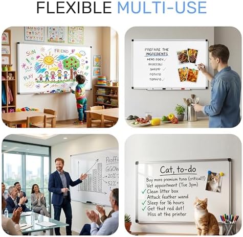Simple Deluxe Magnetic Dry Erase Board 48" x 32" Whiteboard, 1 Dry Eraser & 2 Multicolor Markers & 4 Magnetic Pins, Silver Reinforced Aluminum Frame for Home, School, Office