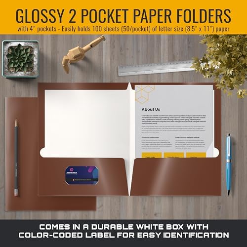 Better Office Products 2 Pocket Glossy Laminated Brown Paper Folders, Box of 25, Letter Size, Brown Paper Portfolios