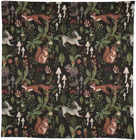 Cartoon Woodland Tablecloth, Watercolor Rustic Forest Wild Animals Bunny Rabbit Squirrel Mushroom Plants Print Table Cloth for Indoor Outdoor Dining Table Party Picnic Decor 55x55in