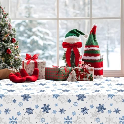 CXPSINC 54 Inch X 300 Feet Plastic Table Cover Roll Disposable Tablecloth with Slide Cutter for All Type/Shape Tables | Party, Banquet, Birthdays, Weddings(Christmas Blue Snowflake, 300 Feet)