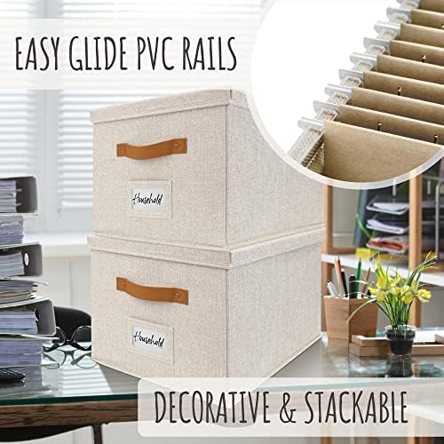 Decorative File Organizer Box Set of 2 - Collapsible Linen Filing Cabinets | Stores Documents and Hanging File Folders - Portable Office Crates with Lid and Handles for Easy Slide Access