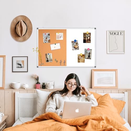 Magnetic Dry Erase White Board Cork Board Combo for Wall with Accessories