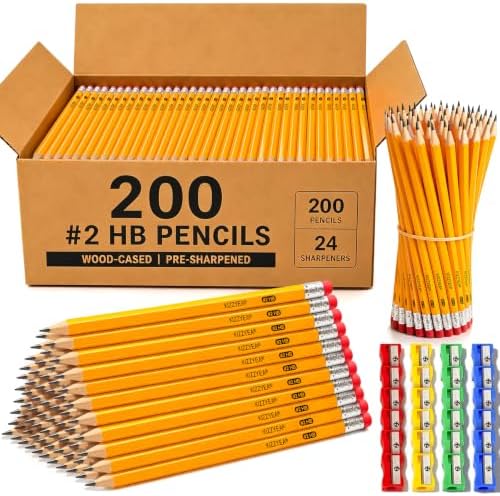 Pre-Sharpened Pencils Bulk Wood-Cased #2 HB Pencils 200 Count 24 Sharpeners