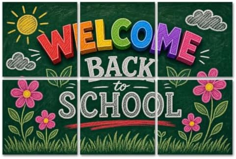 6 Pack Art Acoustic Panels Sound Absorbing Welcome Back to School Chalkboard Art Colorful Letters Floral Details Decorative Soundproof Wall Panels Self Adhesive for Home Recording Studios 72"x48"