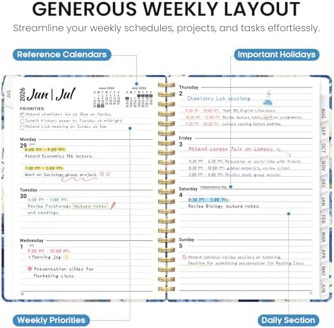 Planner 2026-2027, Monthly & Weekly Jul 2026-Jun 2027 Calendar Book | 6.3" x 8.5", Hardcover Spiral Planner with Tabs, School & Daily Pretty Agenda for Women, Students, Teachers, Hydrangea Bloom