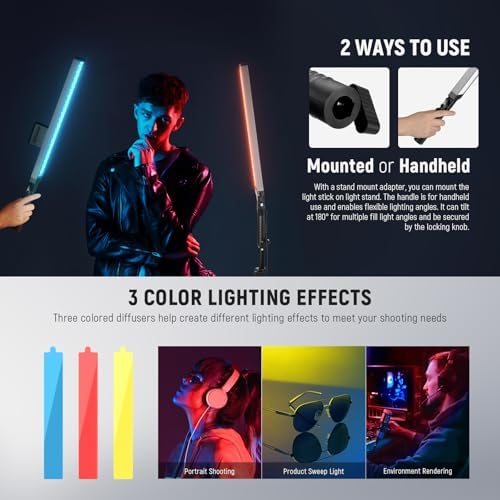 NEEWER Upgraded LED Video Light Stick & 2.4G Remote Kit, 2 Pack Handheld Dimmable 3200K~5600K CRI97+ Video Lighting with Stands/Filters/Bag for YouTube Video Recording Photography Gaming, BH20B Black