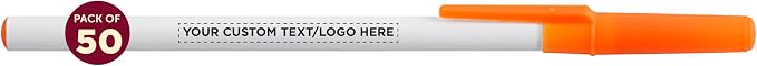 DISCOUNT PROMOS Custom Value Stick Pens Set of 50, Personalized Bulk Pack - Black Ink, Great for Office, School, Business, Tradeshows, Events - Orange