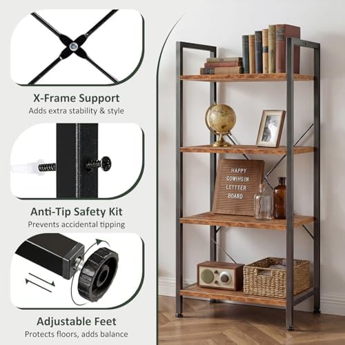 4 Tier Bookshelf, Free Standing Bookcase with Open Storage Shelves