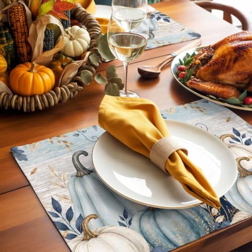Fall Thanksgiving Placemats, Teal Blue White Pumpkin Heat Resistant Washable Dining Table Mats Fall Holiday Farmhouse Decor for Kitchen&Linens Outdoor Indoor, Harvest Autumn Leaves