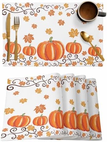 Fall Maple Leaves Placemat, Thanksgiving Watercolor Pumpkins Heat Resistant Washable Table Place Mats Orange Cotton Table Linens Party Holiday Decor for Home Kitchen Dining Outdoor Indoor,