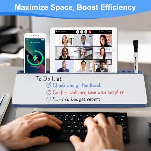 Desktop Glass Whiteboard with Storage, Desk Dry Erase White Board Blue