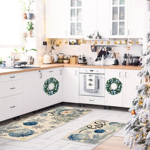 JarThenaAMCS Winter Christmas Kitchen Mats Blue Snowman Xmas Ball Snowflake Welcome Floor Mat Non-Slip Door Rugs for Indoor Outdoor Bathroom, 17 x 29 Inch & 17 x 47 Inch