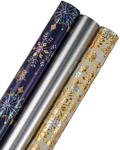 Papyrus Wrapping Paper Rolls for Christmas, Hanukkah, and All Holidays, Snowflakes Print and Metallic Silver (3 Rolls, 62.5 sq. ft.)