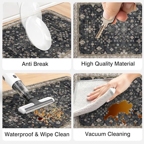 Boho Cushioned Anti Fatigue Mats for Kitchen Floor,Modern Farmhouse Charcoal Floral Non-Slip Water Resistant Runner Comfort Foam Standing Rugs Non Skid for Home Sink,Office,Laundry 17"x47"+17"x30"