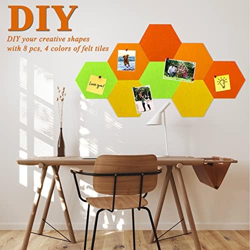 8Pcs Hexagon Felt Cork Board Tiles, Self Adhesive DIY Bulletin Board Pin Board for Office School Home Wall Decor Stickers Memos Photos Display (Gradual Orange)