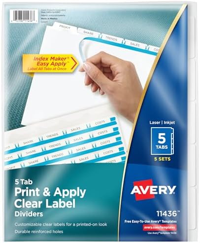 Avery Index Maker Clear Label Dividers, 5-Tab, White, 5 Sets