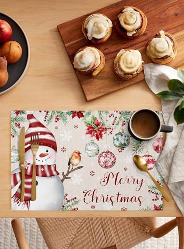 Merry Christmas Placemats Set of 4, Cotton Linen Snowman Table Mats Non-Slip Washable Snowflake Christmas Tree Balls Poinsettia Flower Retro Placemat for Holiday Banquet Dining Kitchen Table Decor