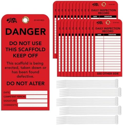 BearTOOLS Scaffold Tags - Safety Inspection Kit with Cable Ties - Danger Scaffold Status Warning Sign - Laminated 3 x 6 in, Pack of 25 - Weatherproof, Tear-Resistant - Red Tags